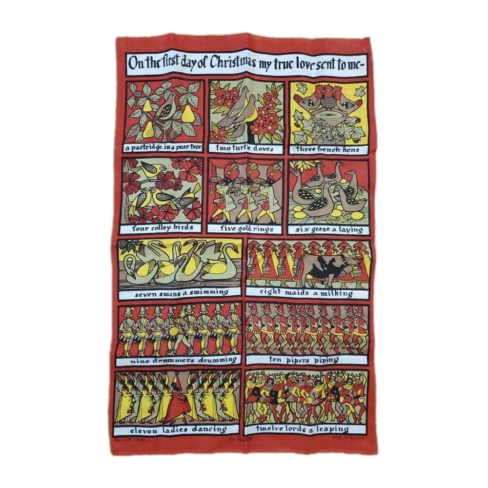 Vintage Ulster Irish Linen Tea Towel 12 Days Of Christmas 19